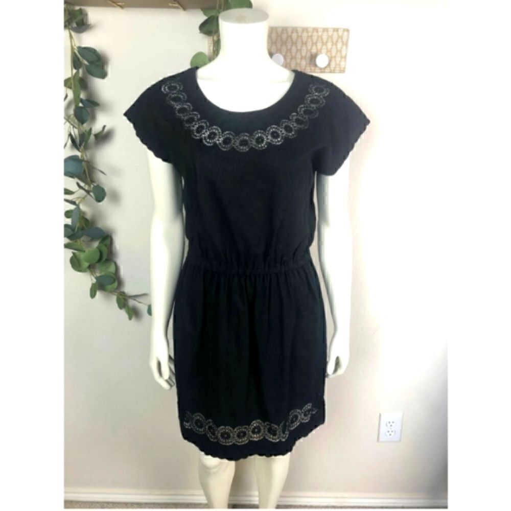 J CREW Linen Eyelet Short Sleeve Black Dress Sz 2